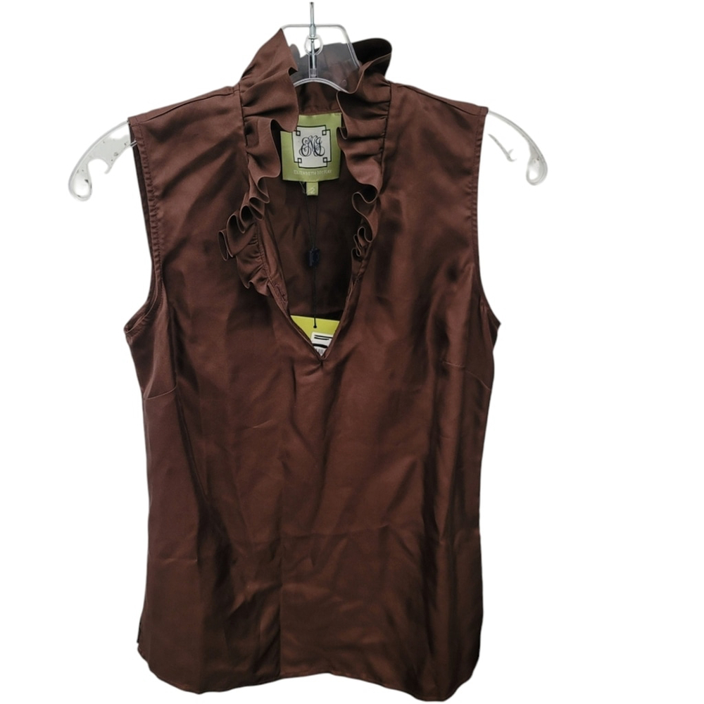 NWT Elizabeth McKay 100% Silk - Brown - Ruffled Collar Sleeveless Blouse - sz 2 - Picture 2 of 9